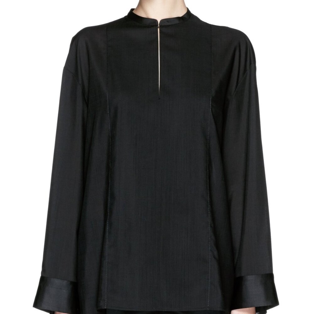 THE ROW MIYA WOOL VOILE RUCHED CAPE BACK BLOUSE